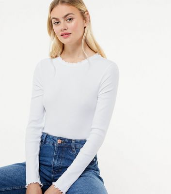White Ribbed Frill Trim Long Sleeve Top 