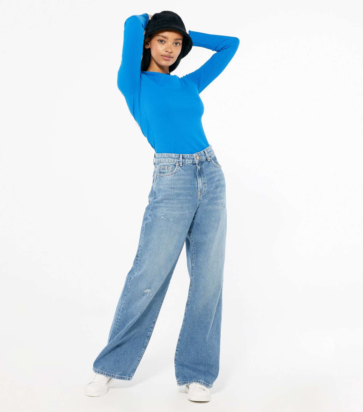 Blue Ribbed Frill Trim Long Sleeve Top Image 2