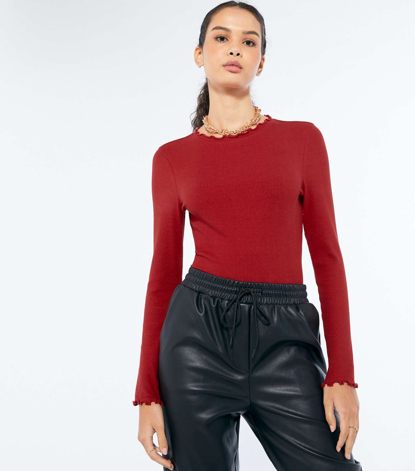 Red Ribbed Frill Trim Long Sleeve Top