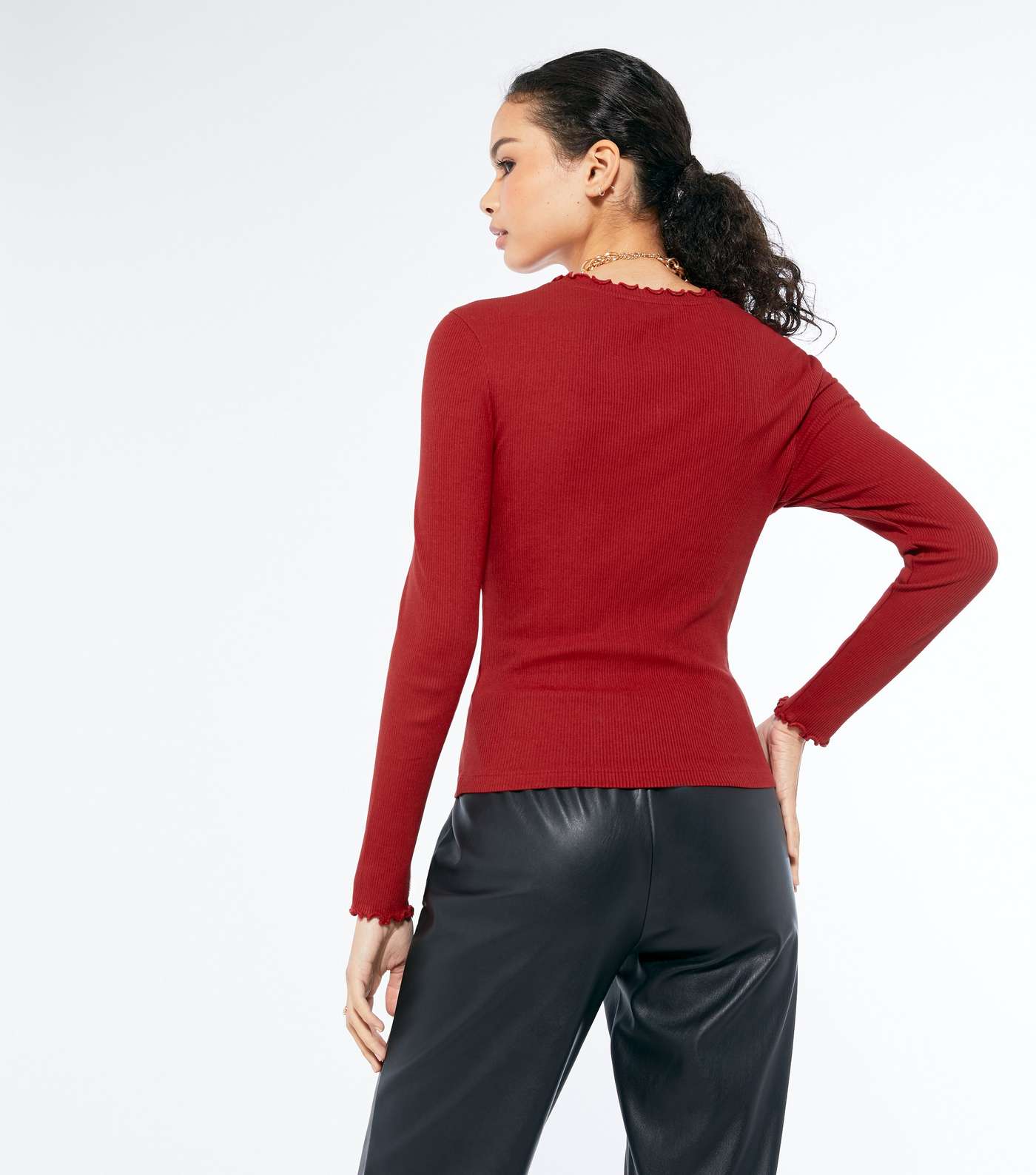 Red Ribbed Frill Trim Long Sleeve Top Image 3