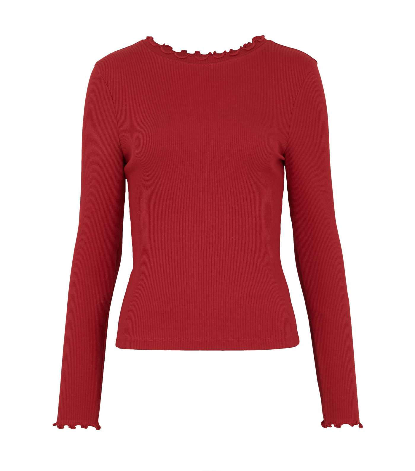 Red Ribbed Frill Trim Long Sleeve Top Image 5