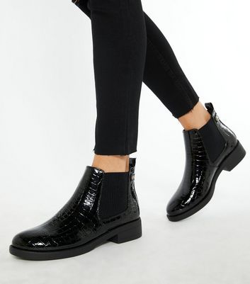 Black Patent Faux Croc Chelsea Boots 