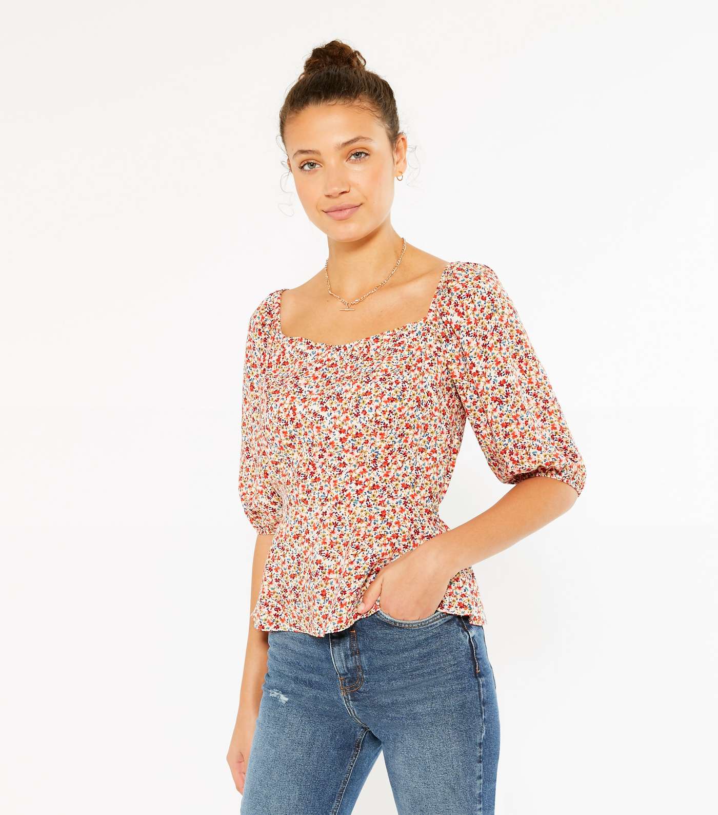 Tall Red Floral Puff Sleeve Square Neck Blouse 