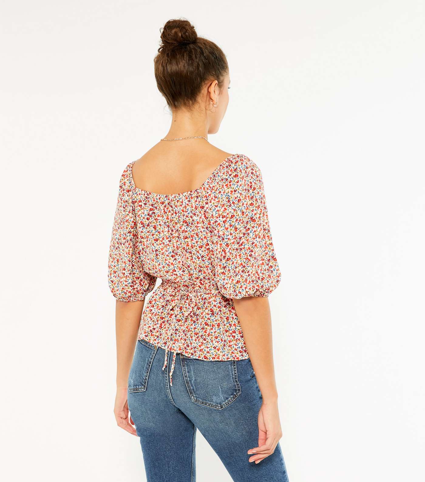 Tall Red Floral Puff Sleeve Square Neck Blouse  Image 3
