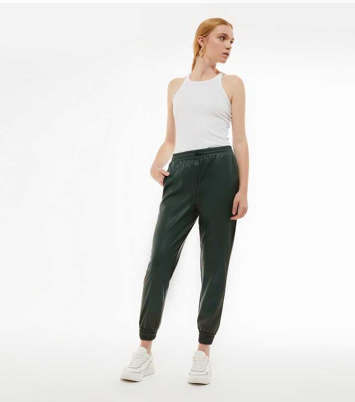 Dark Green Leather-Look Cuffed Joggers 