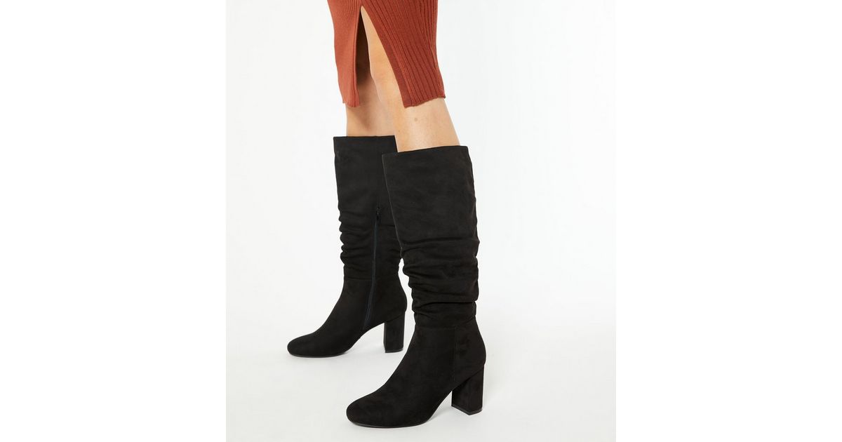 Black Suedette Slouch Knee High Block Heel Boots | New Look
