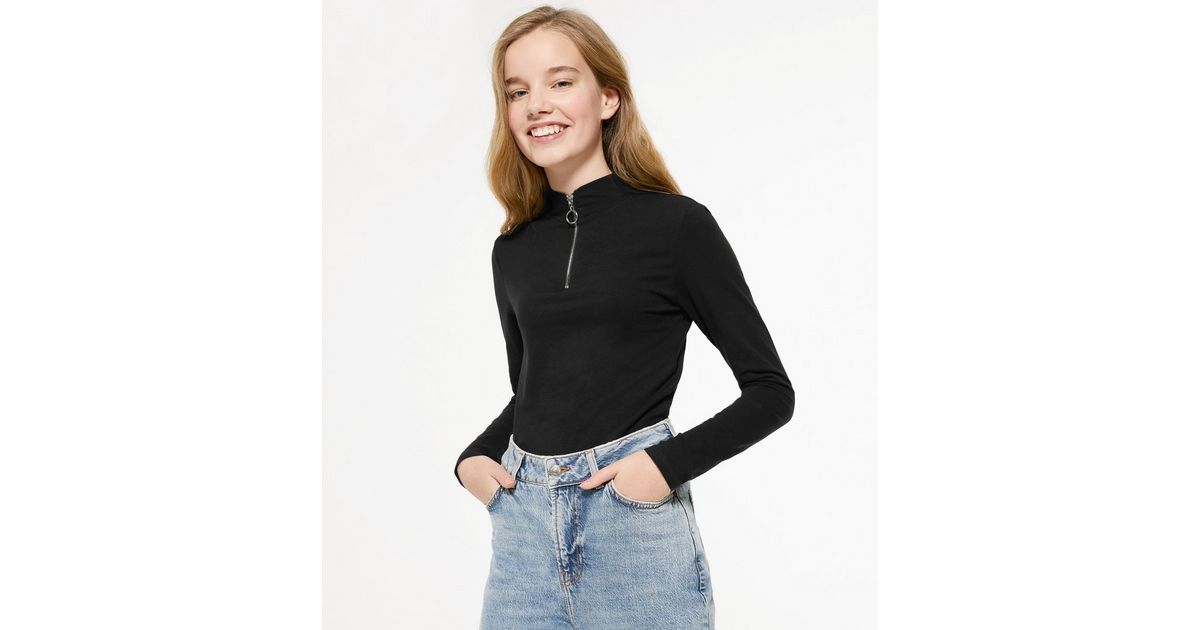 Girls Black High Neck Zip Top New Look