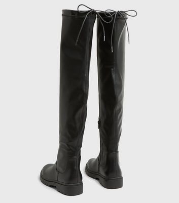 Image of Black Over The Knee Tie Top Chunky Boots New Look Vegan