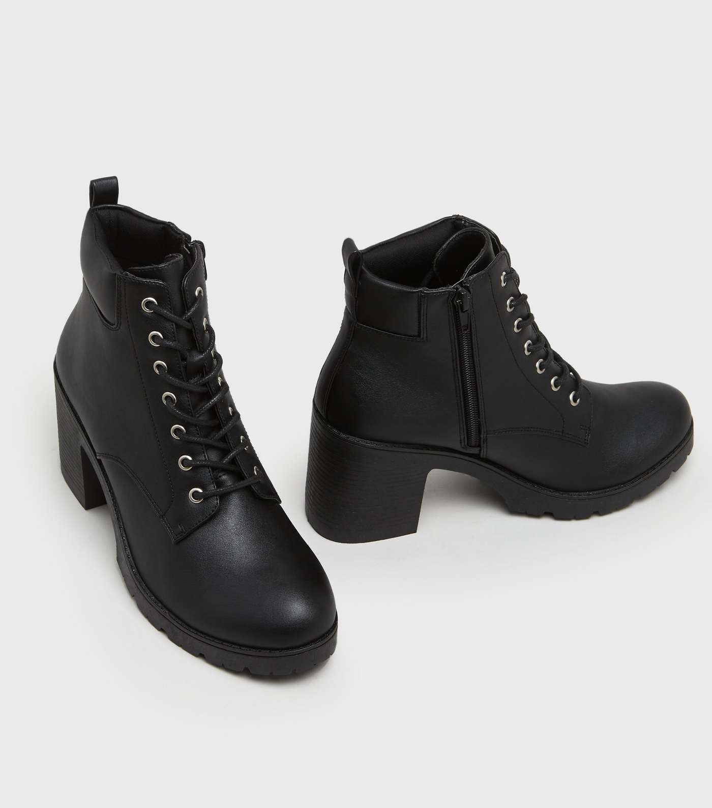 Black Lace Up Block Heel Chunky Boots Image 2