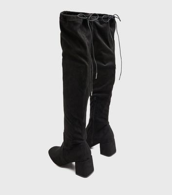 Image of Black Suedette Over the Knee Block Heel Boots New Look Vegan