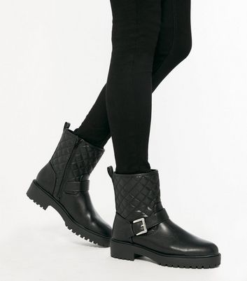 Image of Black Quilted Buckle Chunky Biker Boots New Look Vegan