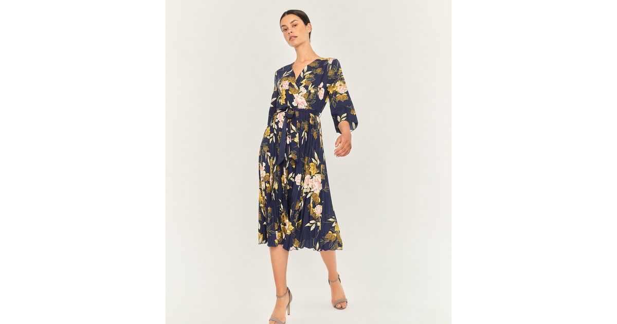 Apricot Navy Floral Pleated Midi Dress | New Look