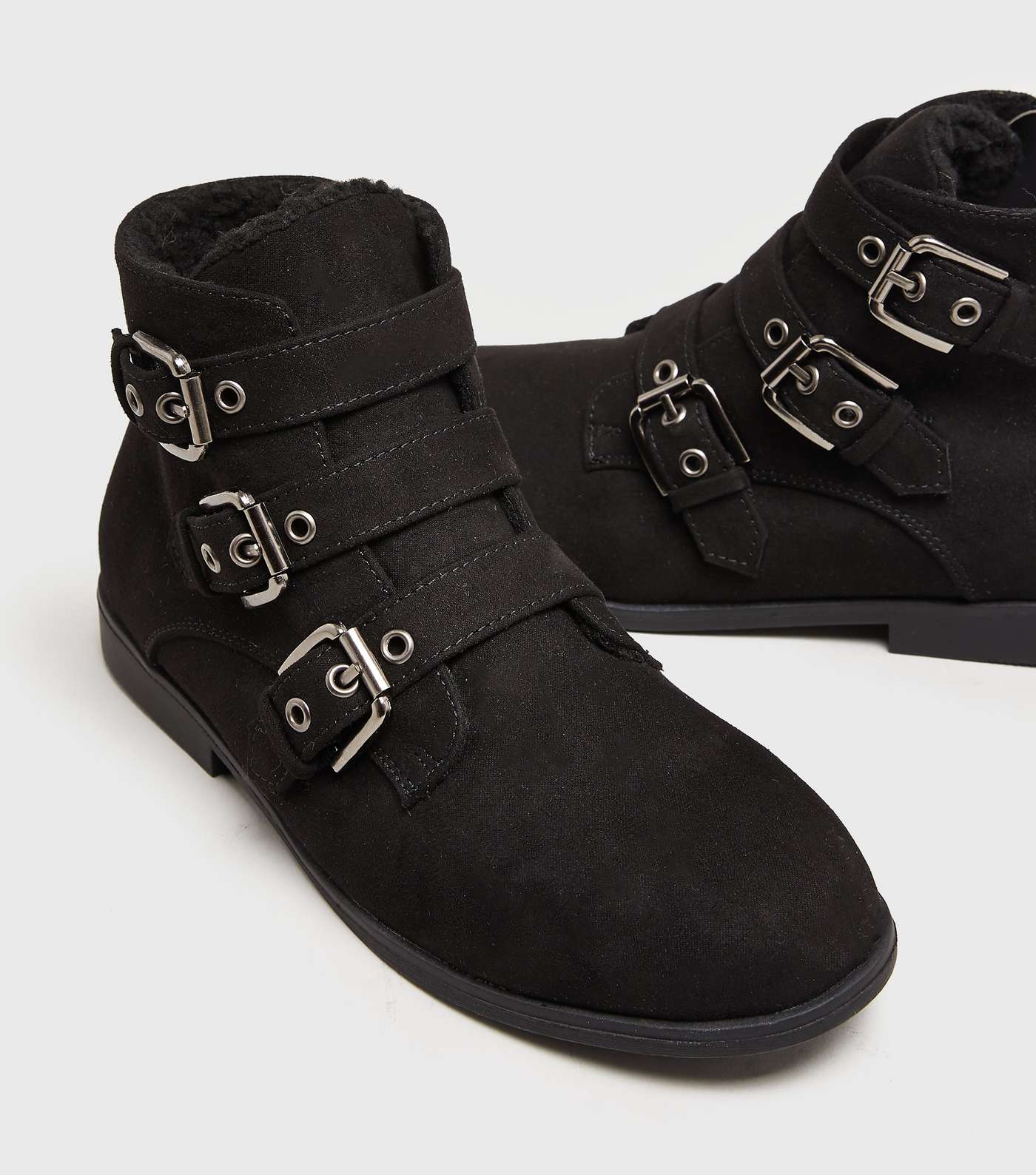 Girls Black Suedette Teddy Lined 3 Buckle Boots Image 2