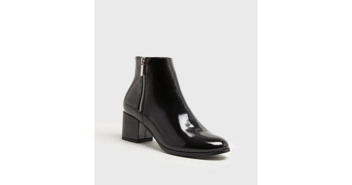 Girls Black Crinkle Patent Block Heel Boots | New Look