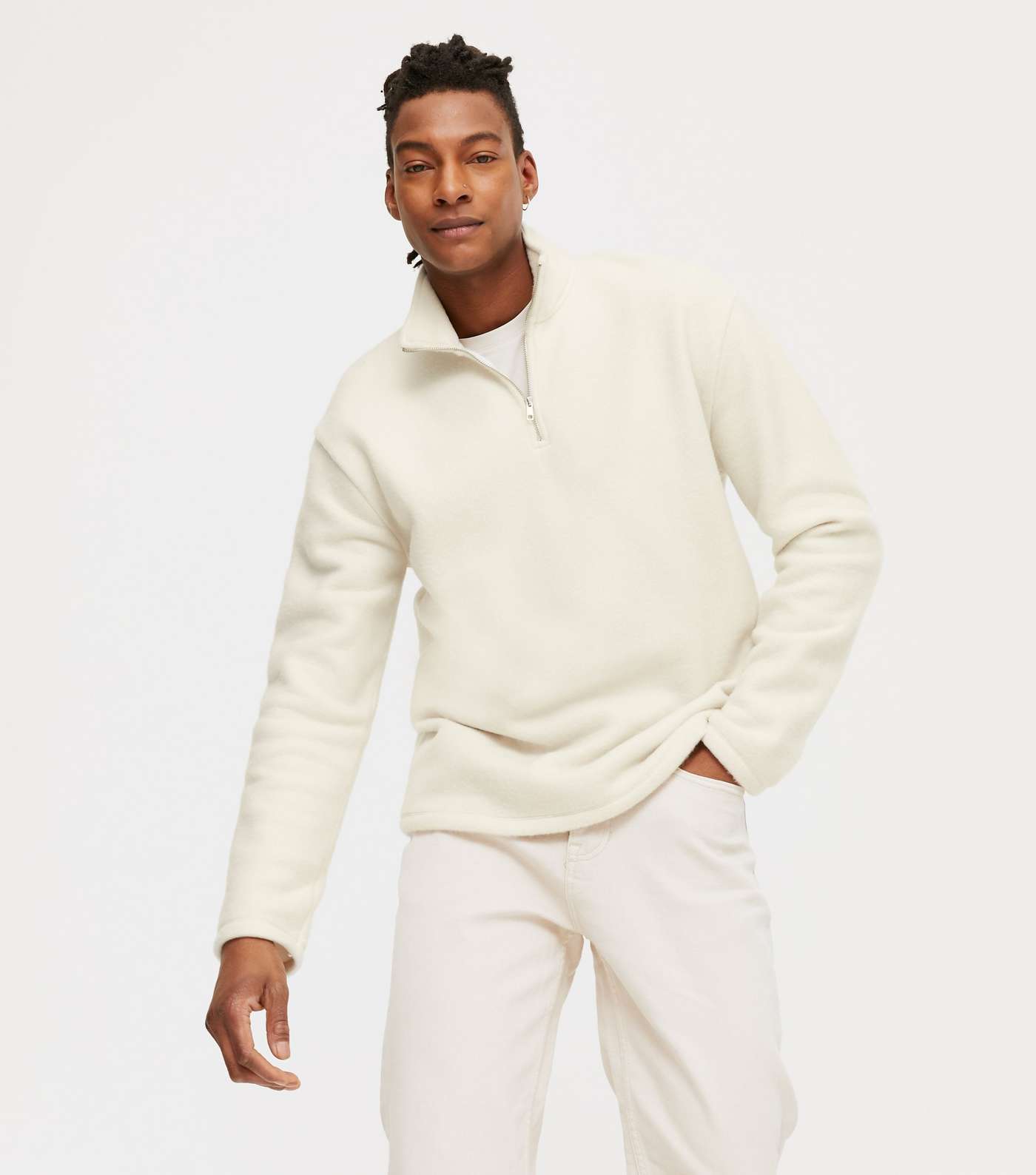 Cream Fleece Zip Neck Long Sleeve Sweatshirt