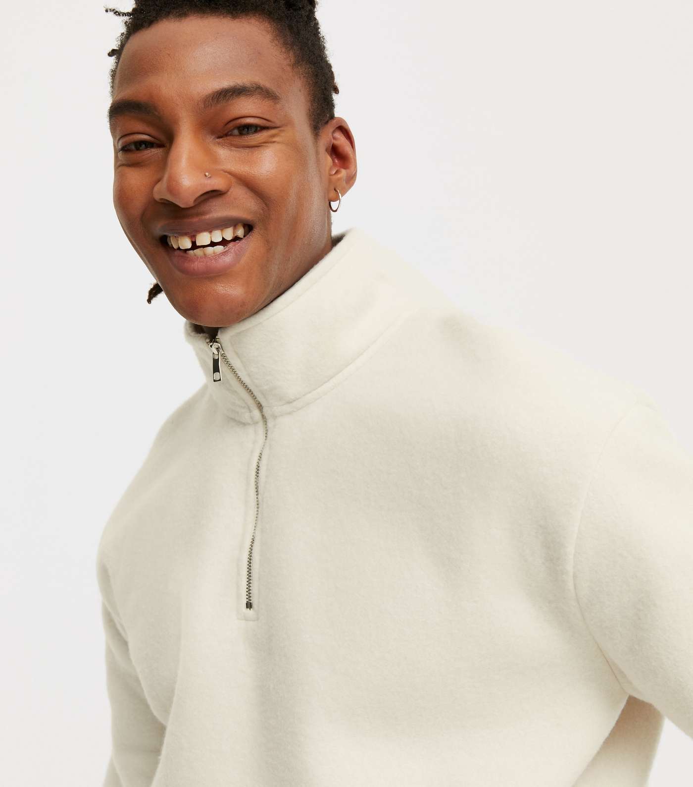Cream Fleece Zip Neck Long Sleeve Sweatshirt Image 3