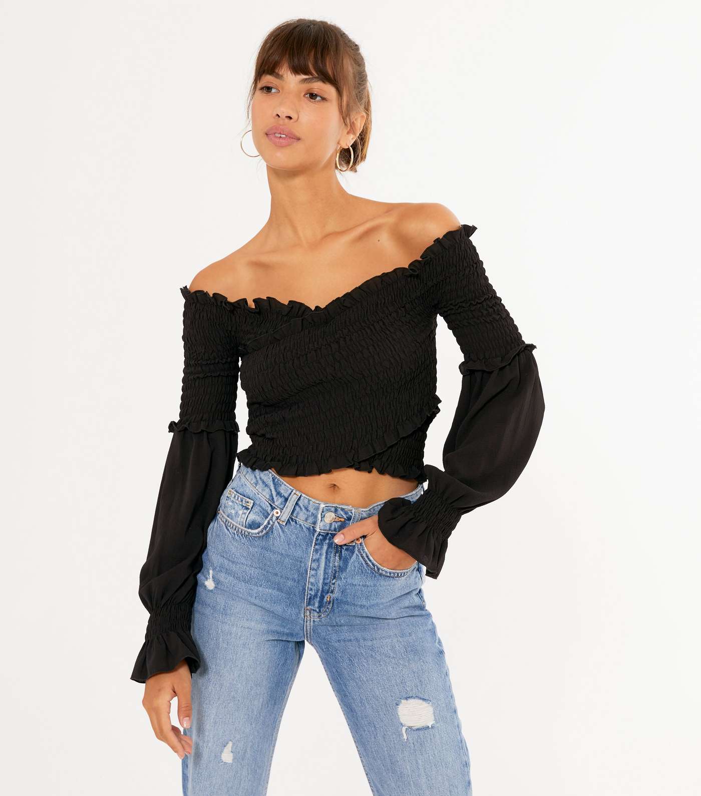 Black Shirred Puff Sleeve Crossover Top