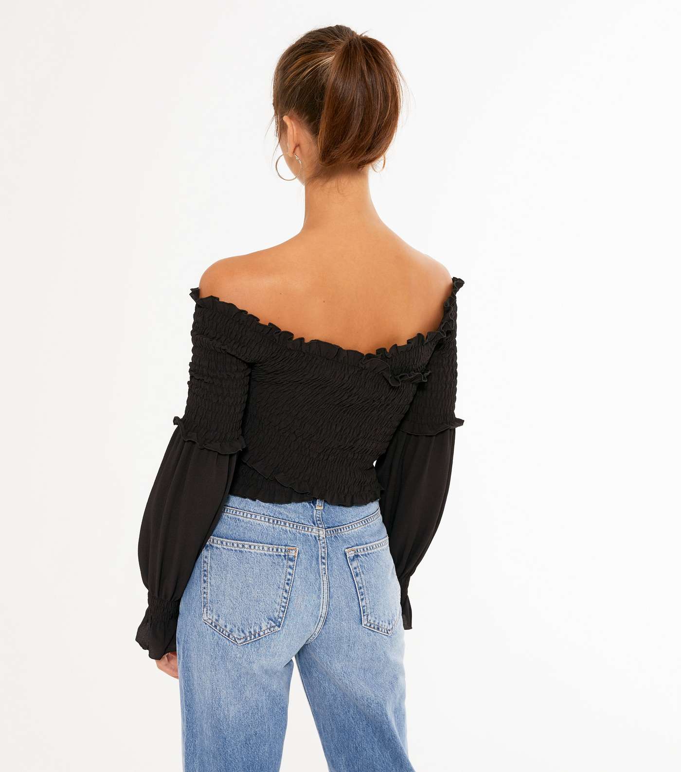 Black Shirred Puff Sleeve Crossover Top Image 3