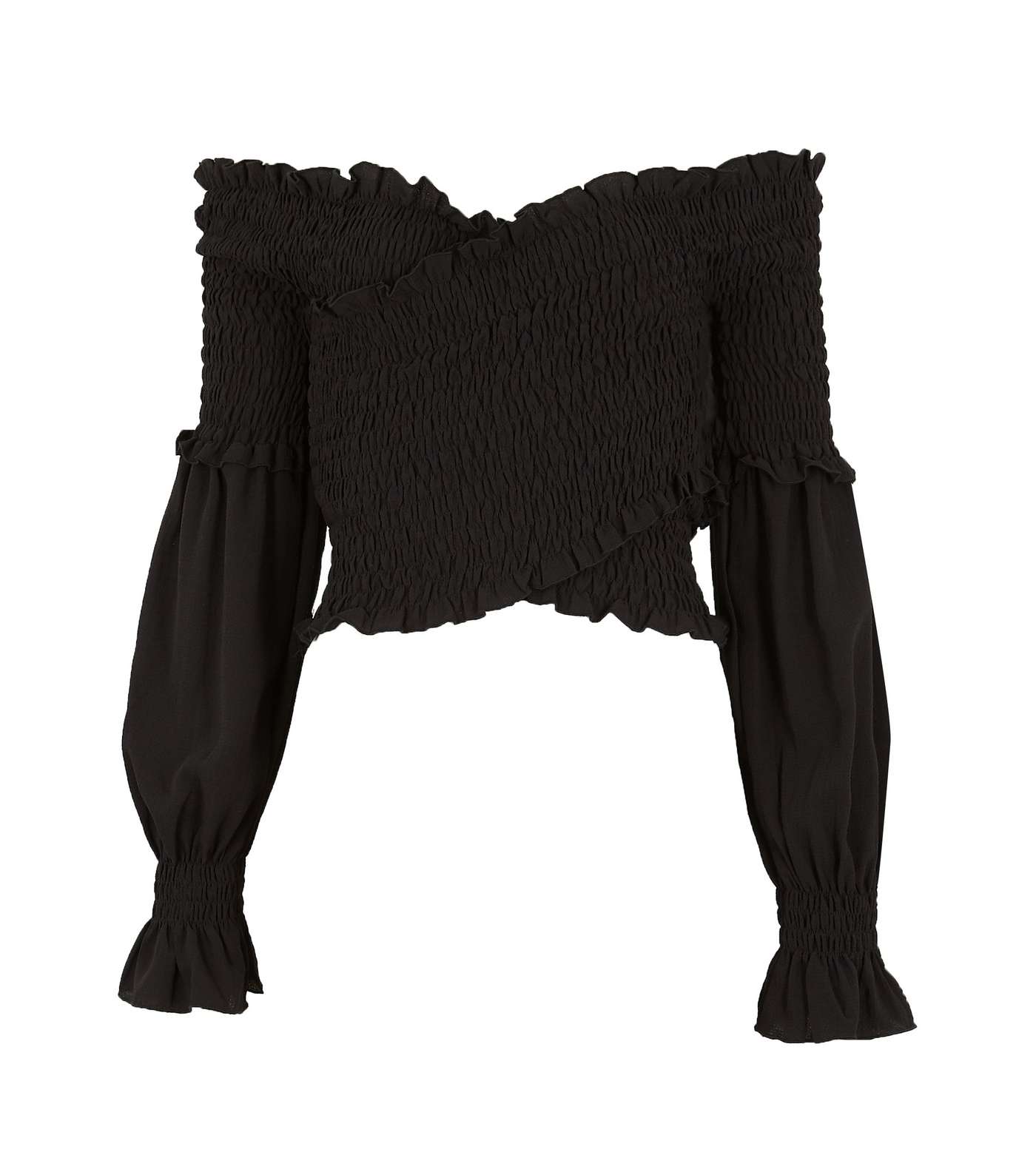 Black Shirred Puff Sleeve Crossover Top Image 5