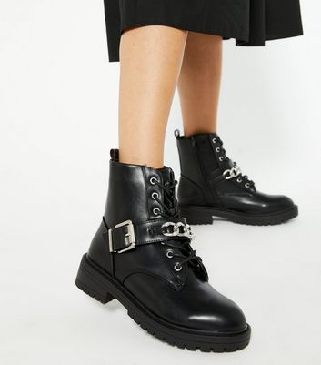Black Chain and Buckle Lace Up Biker Boots | New Look