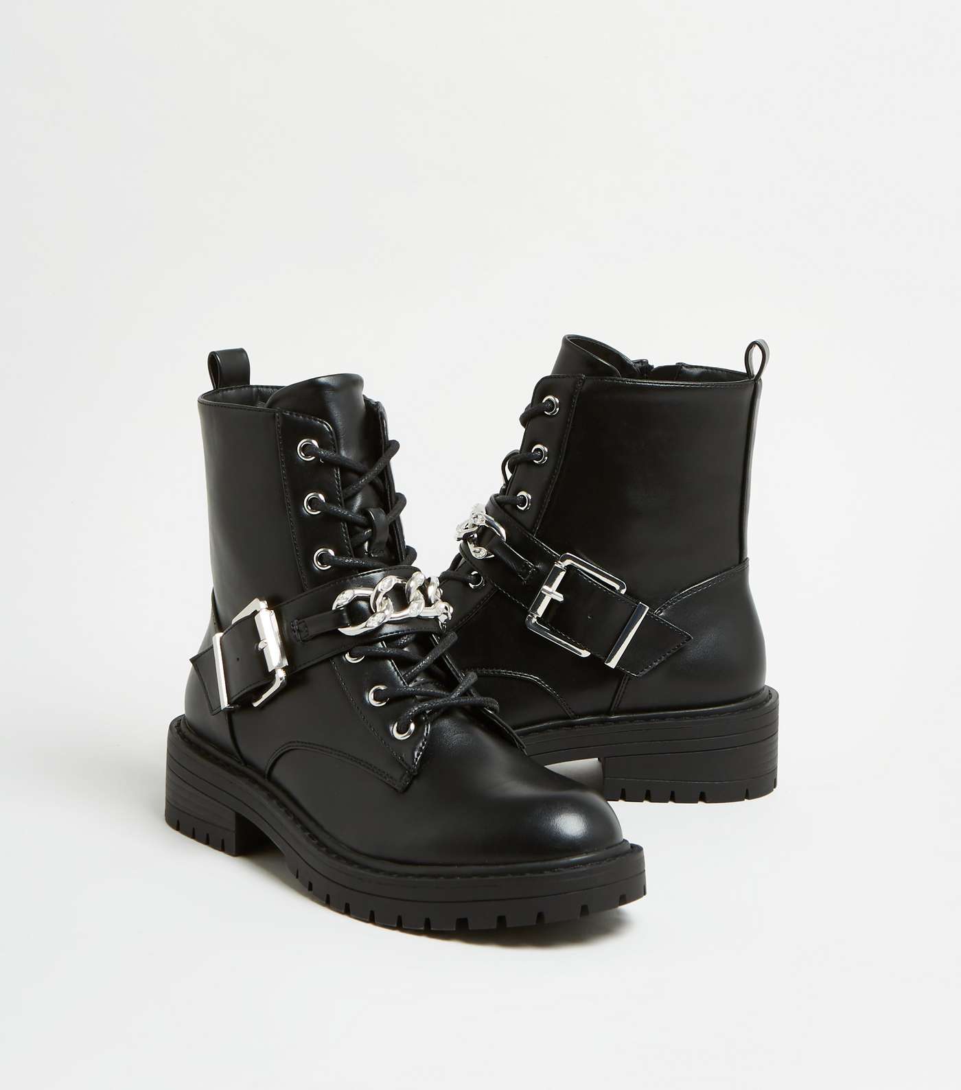 Black Chain and Buckle Lace Up Biker Boots Image 2