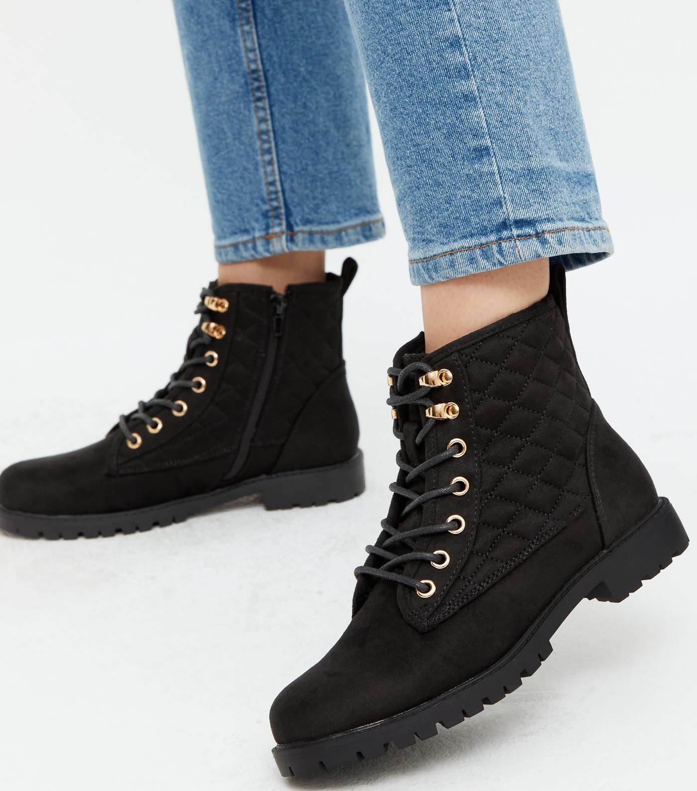 Black Suedette Flat Quilted Boots Image 3