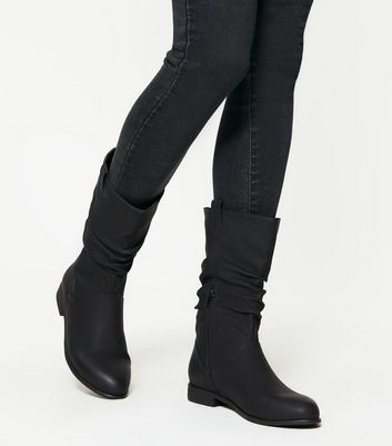 Image of Black Calf Slouch Flat Boots New Look Vegan