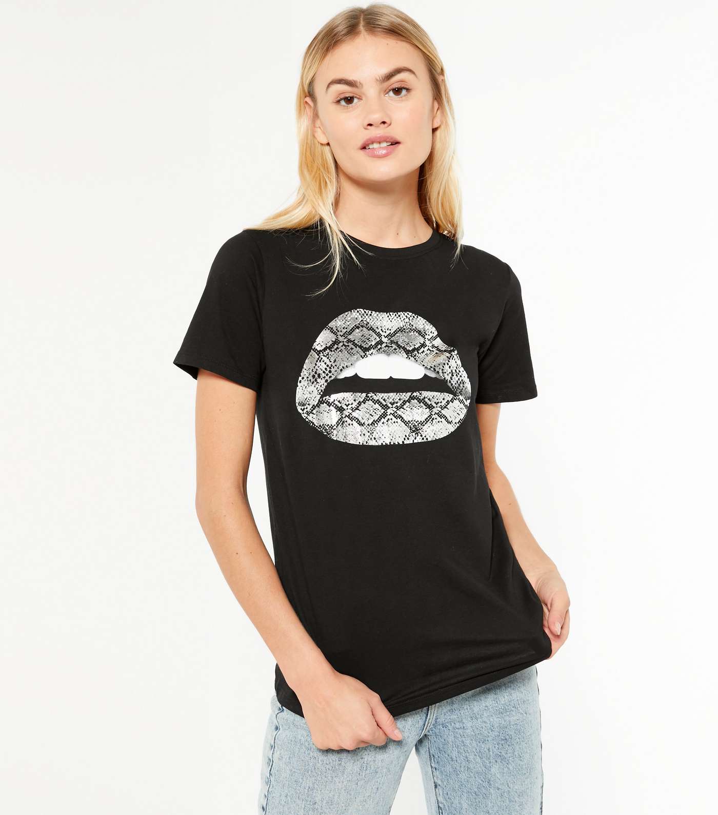 Black Metallic Snake Lips Print T-Shirt 