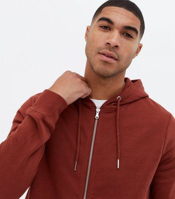 Image of Dark Red Pocket Front Zip Up Hoodie New Look