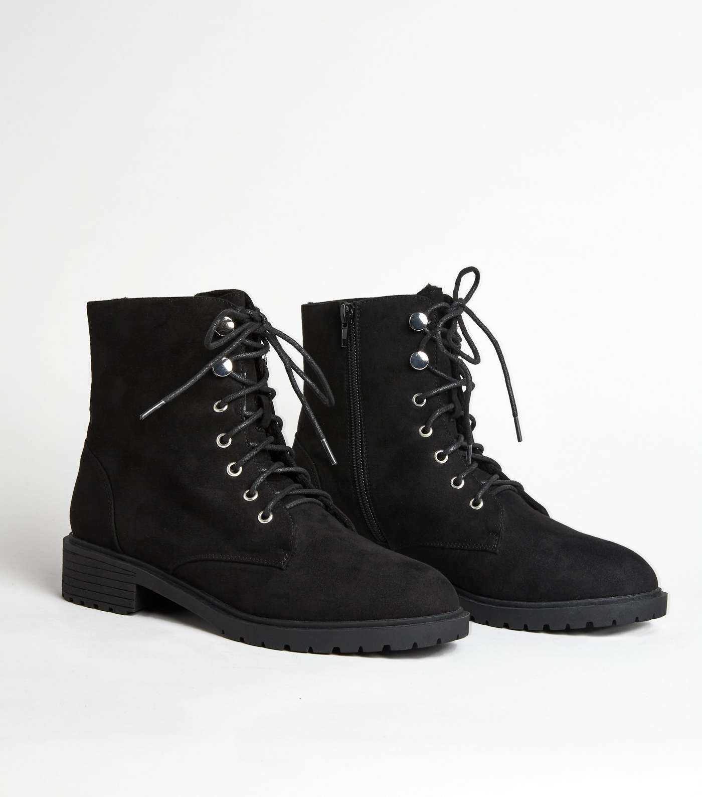 Black Suedette Flat Lace Up Boots 