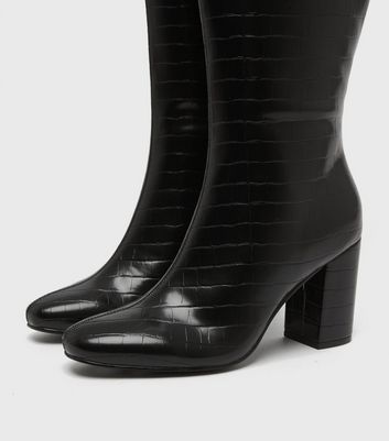 Black croc print knee high online boots