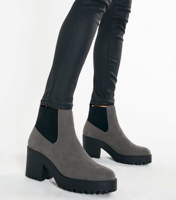 Image of Grey Suedette Elasticated Chunky Chelsea Boots New Look Vegan