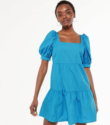 Turquoise Puff Sleeve Poplin Smock Dress New Look