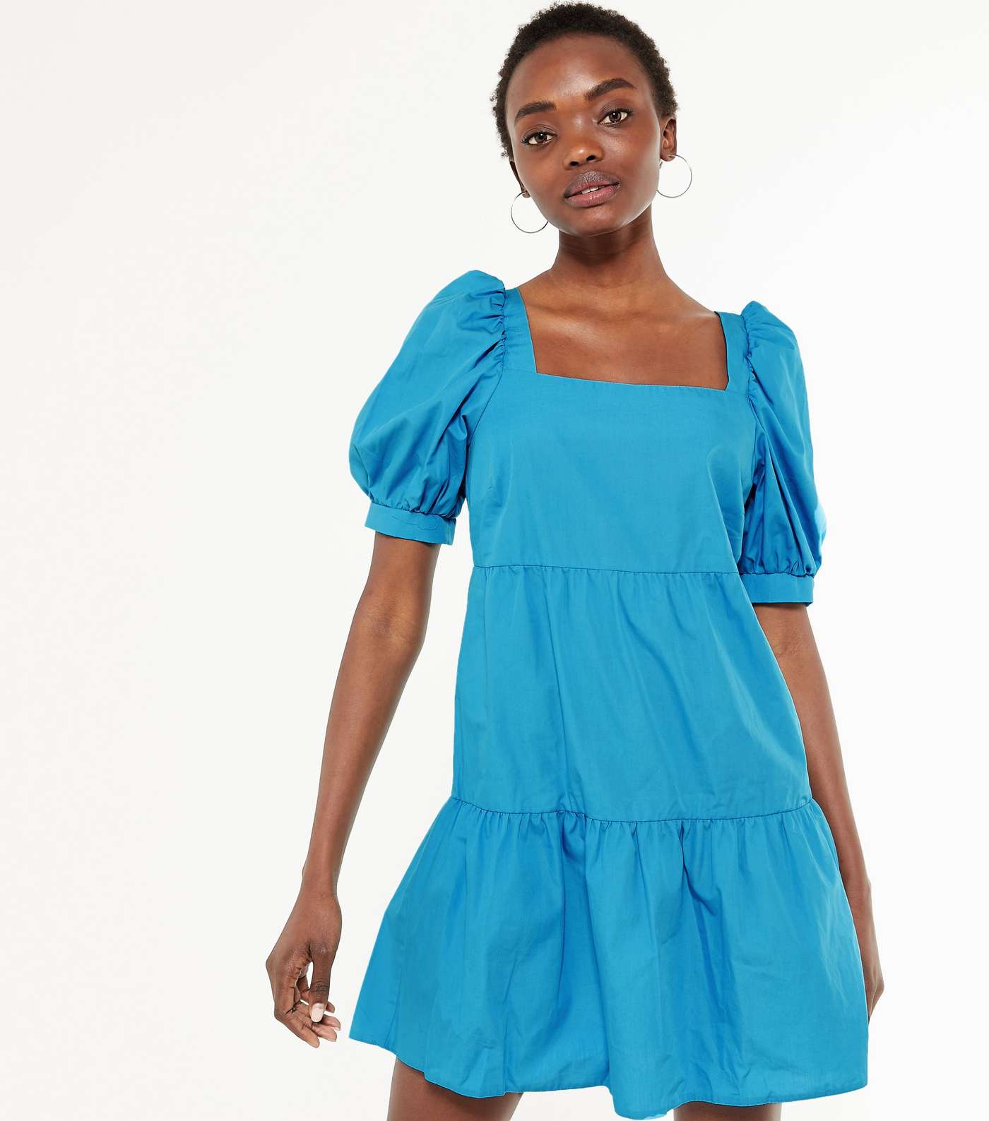Turquoise Puff Sleeve Poplin Smock Dress