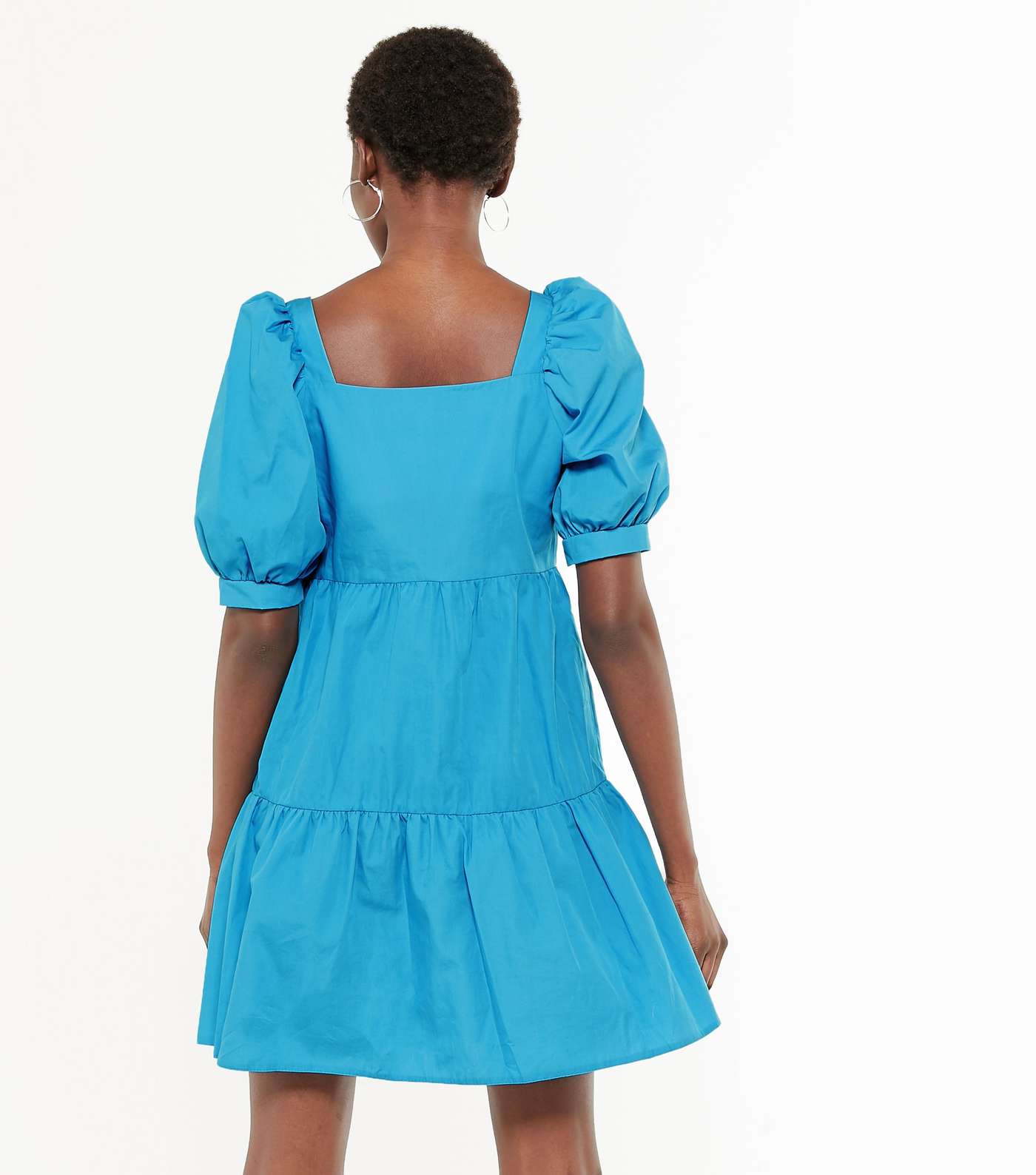 Turquoise Puff Sleeve Poplin Smock Dress Image 3