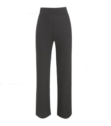 Black Ribbed Knit Wide Leg Trousers | New Look