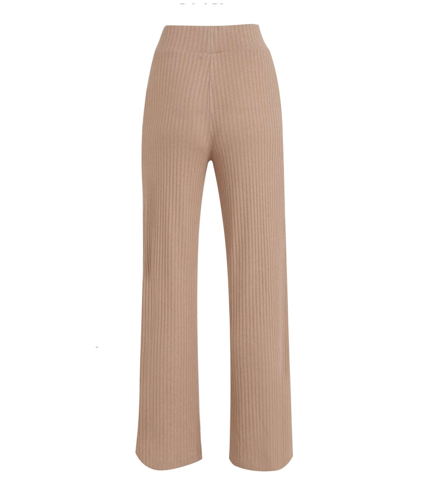 Camel Ribbed Knit Wide Leg Trousers  Image 2