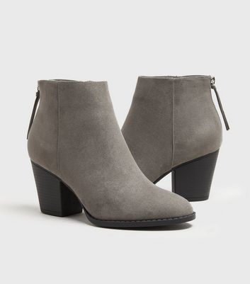 Image of Grey Suedette Block Heel Western Boots New Look Vegan
