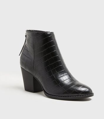Image of Black Faux Croc Block Heel Western Boots New Look Vegan