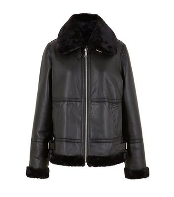 Black Reversible Faux Fur Aviator Jacket New Look