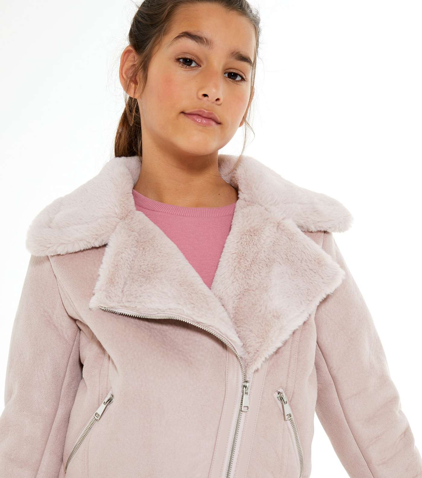 Girls Pale Pink Faux Fur Lined Aviator Jacket Image 4