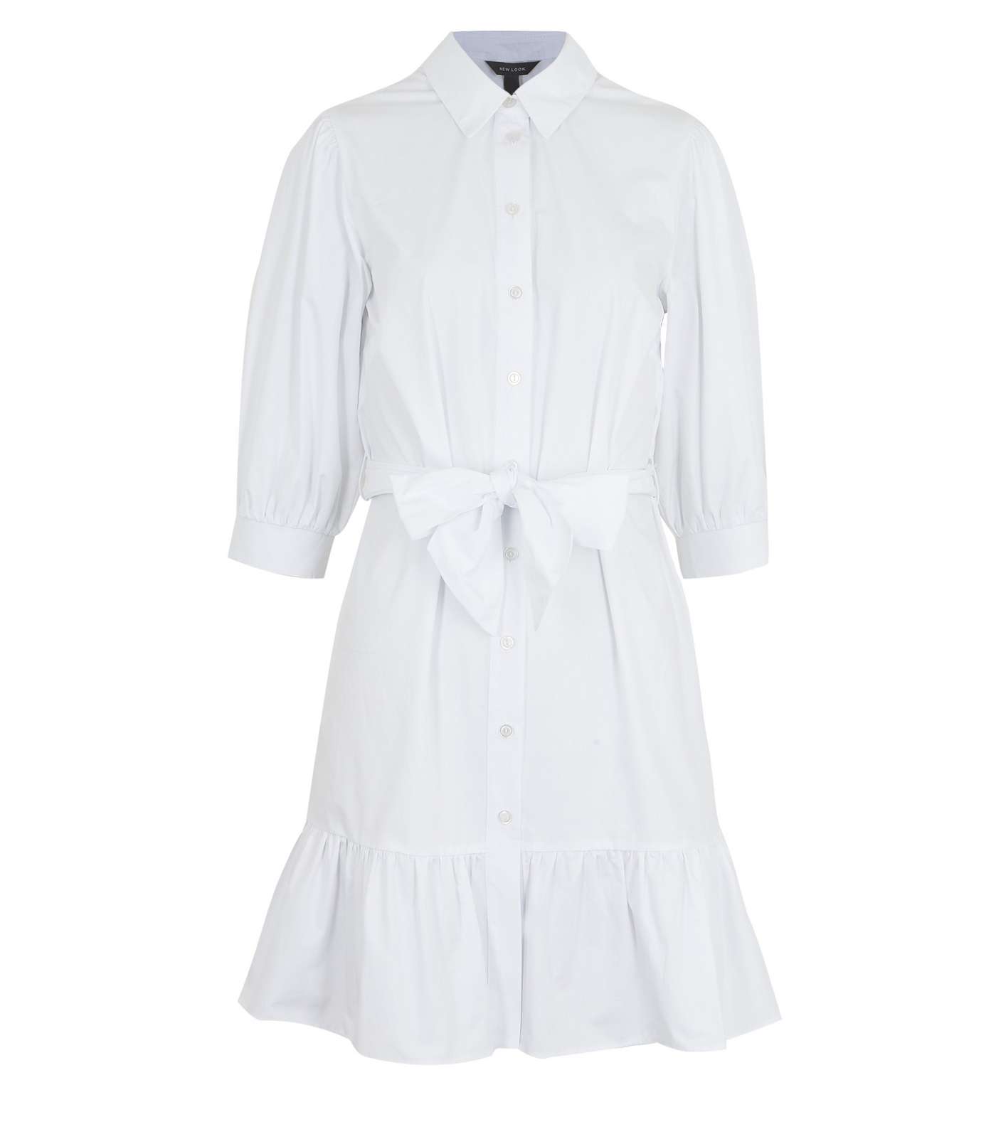 White Puff Sleeve Belted Tiered Shirt Dress 
