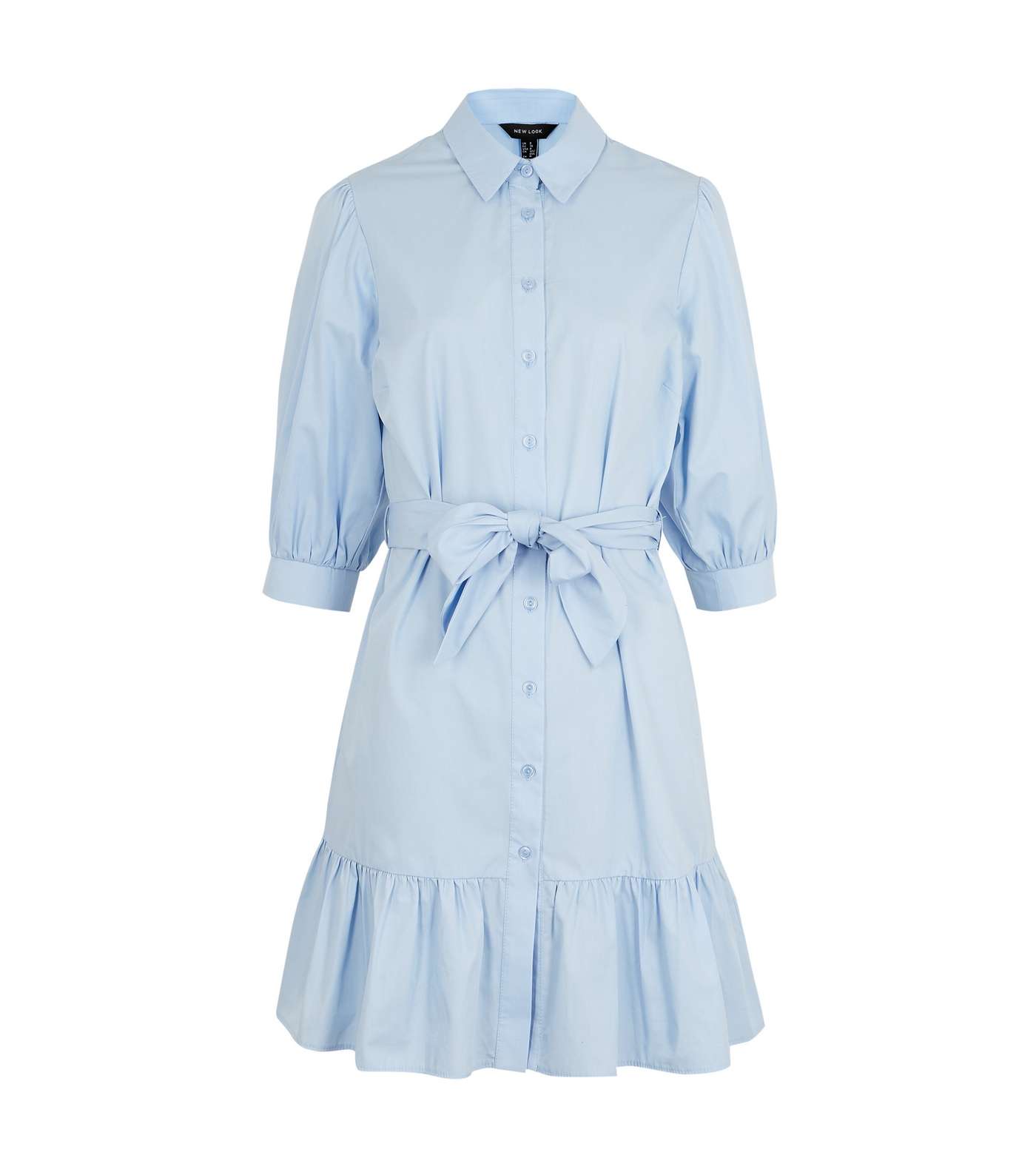 Pale Blue Puff Sleeve Belted Tiered Shirt Dress 