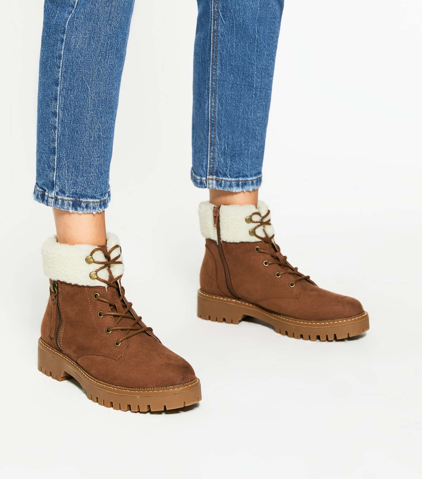 Tan Suedette Teddy Trim Chunky Lace Up Boots