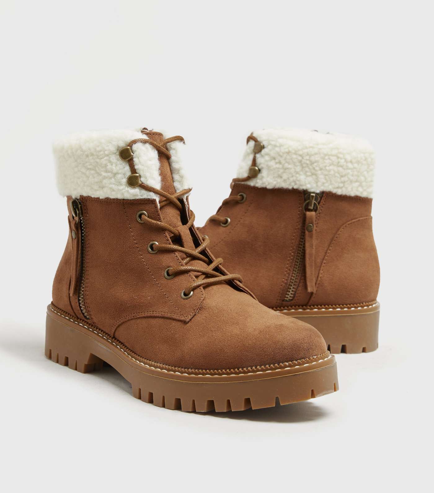 Tan Suedette Teddy Trim Chunky Lace Up Boots Image 3