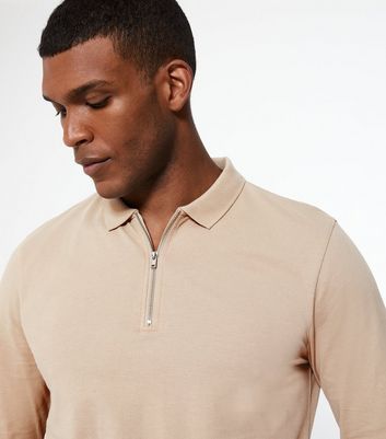 Stone Piqué Collared Zip Front Polo Top | New Look