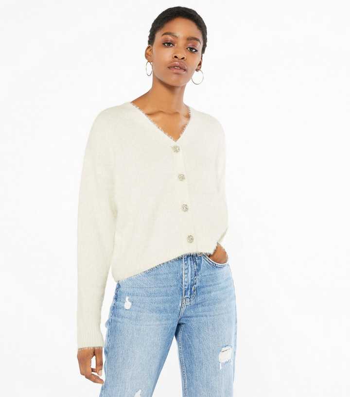 Off White Fluffy Knit Gem Button Boxy Cardigan