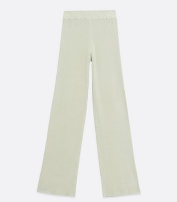 Image of Light Green Ribbed Knit Wide Leg Trousers New Look