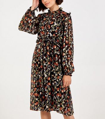 Blue Vanilla Black Floral Frill Tie Neck Midi Dress | New Look