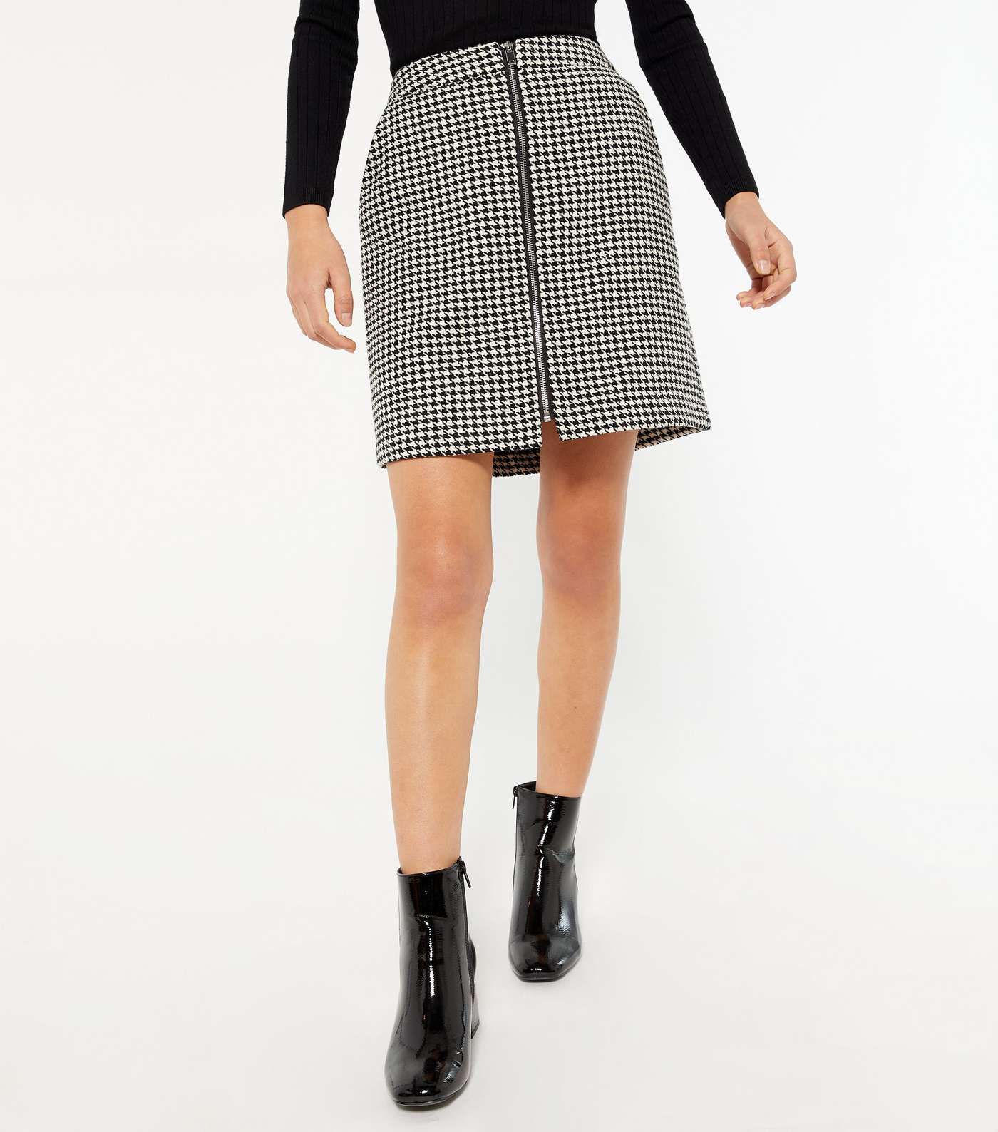 Petite Black Dogtooth Zip Front Mini Skirt Image 2